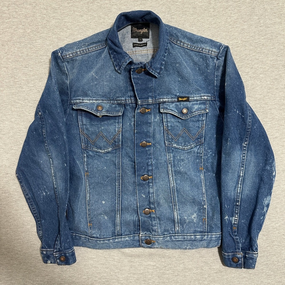 Wrangler Denim Trucker Jacket Reworked Patchwork Bleach Distressed Mens Small